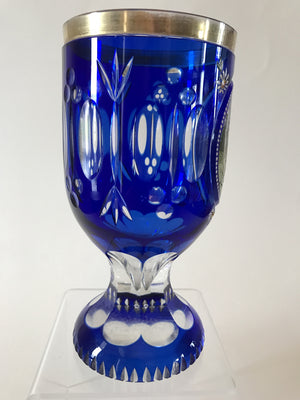 999276 Blue Cased Glass With Cutting Around & Painted Farmhouse & Hills In Cut Circle, Cutting Around Bottom, And On Base, Gold Rim, Bohemian Glassware, Antique, - ReeceFurniture.com - Free Local Pick Ups: Frankenmuth, MI, Indianapolis, IN, Chicago Ridge, IL, and Detroit, MI