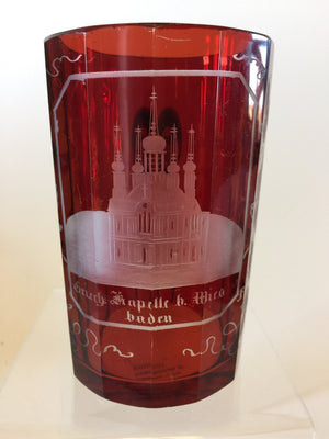 999422 Ruby Glass Flashed Mug With Handle, 8 Cut Sraight Flat Sides & Front Engraved Church, Grapes & Leaves, Bohemian Glassware, Antique, - ReeceFurniture.com - Free Local Pick Ups: Frankenmuth, MI, Indianapolis, IN, Chicago Ridge, IL, and Detroit, MI