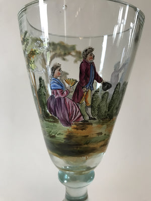 999321 Tall Goblet On Stem With Hand Painted Colored People Playing Flute & Dancing Around Goblet, Painting On Base, Repaired, Bohemian Glassware, Antique, - ReeceFurniture.com - Free Local Pick Ups: Frankenmuth, MI, Indianapolis, IN, Chicago Ridge, IL, and Detroit, MI