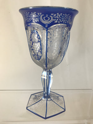 999329 Blue Cased Crystal Goblet W/Cut Flat Sides W/Heavy Floral Engravings - ReeceFurniture.com