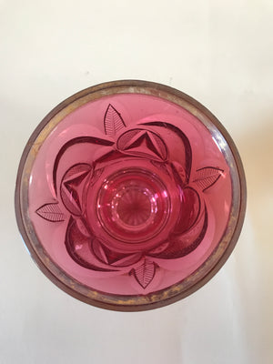 999612 Cranberry Cased On Crystal Stem, Fancy Cuts Around “Zum Andenken" - ReeceFurniture.com