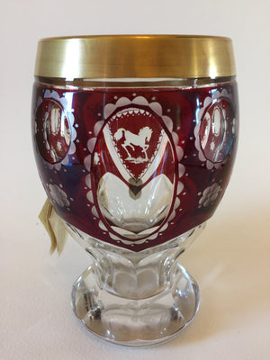 844024 Ruby over Crystal Friendship Cup with Horse walking & gold rim & Hand Cut Base & top, Gold Rim, Bohemian Glassware, Ernest Wittig, - ReeceFurniture.com - Free Local Pick Ups: Frankenmuth, MI, Indianapolis, IN, Chicago Ridge, IL, and Detroit, MI