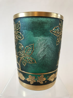 629220 Green With Gold Glass Cut Back Flowers & Leaves Decorated In Gold & On Rim & Base, Leaves Around Bottom, Bohemian Glassware, Rimpler, - ReeceFurniture.com - Free Local Pick Ups: Frankenmuth, MI, Indianapolis, IN, Chicago Ridge, IL, and Detroit, MI