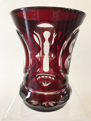 999640 Ruby over Crystal Glass with oval Cut & Round Cuts on the front with a cut circle around them,12 Cuts around the base & Star Cut on the bottom, Bohemian Glassware, Antique, - ReeceFurniture.com - Free Local Pick Ups: Frankenmuth, MI, Indianapolis, IN, Chicago Ridge, IL, and Detroit, MI