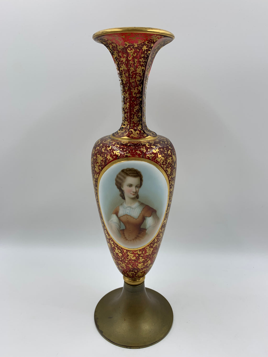 910257 Large Cranberry Vase with Metal Base, Hand Painted Portrait Lady with Gold Filigree - ReeceFurniture.com