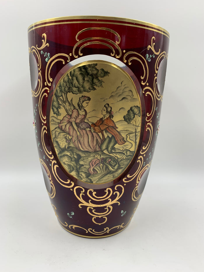 910319 Ruby Vase With Panel of Man, Woman, Gold Decor, Relief Florals, Cuts