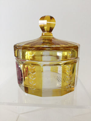 999907 Bohemian Amber over Crystal Glass box with cover & handle with Ruby panel on front, , Bohemian Glass, - ReeceFurniture.com - Free Local Pick Ups: Frankenmuth, MI, Indianapolis, IN, Chicago Ridge, IL, and Detroit, MI