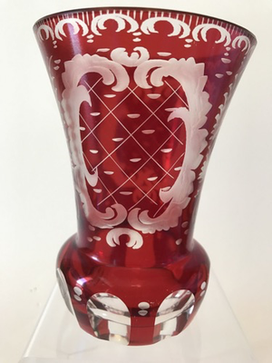 517011 Ruby Over Crystal Glass W/Deer, Bird & Ornate Engraved Designs - ReeceFurniture.com