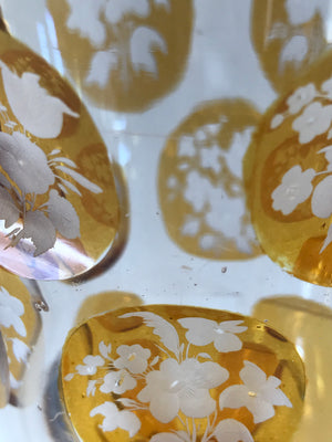 910231 Crystal Glass With Round Amber Flashed Panels Of Engraved Flowers - ReeceFurniture.com