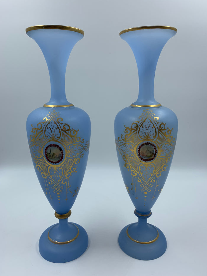 910527 Two Blue Satin Vases, Painted Church W/ Cranberry Glass Jewels Gold Decor