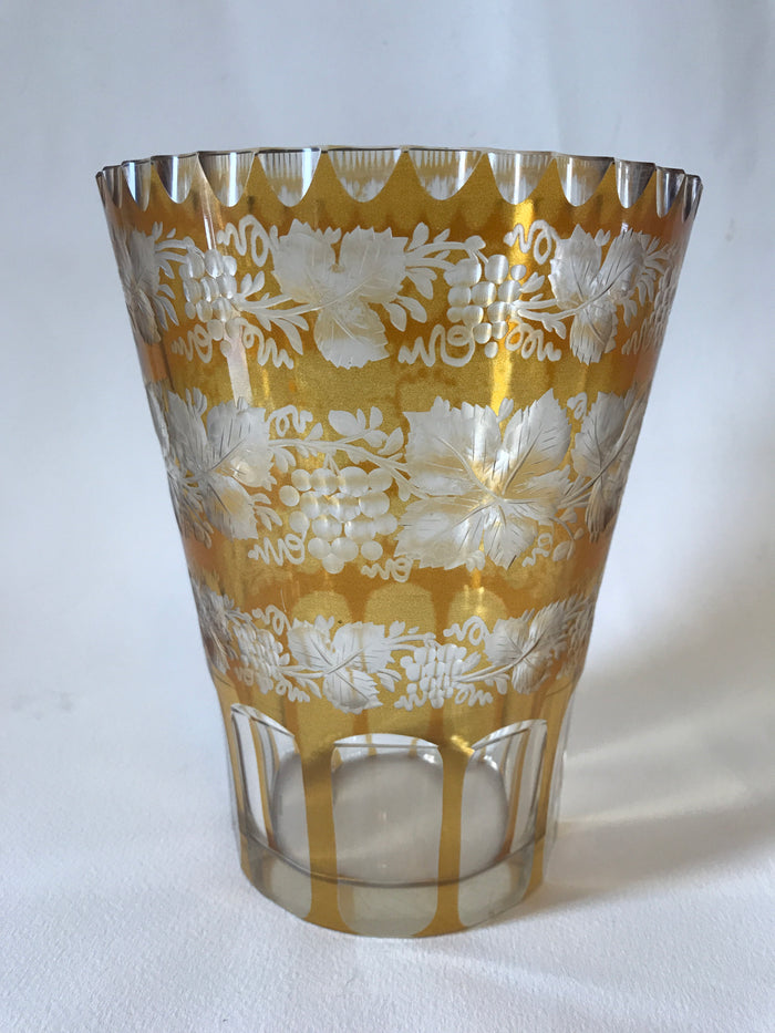 910012 Amber Over Crystal Glass Flashed With Rows Of Engraved Leaves & Grapes