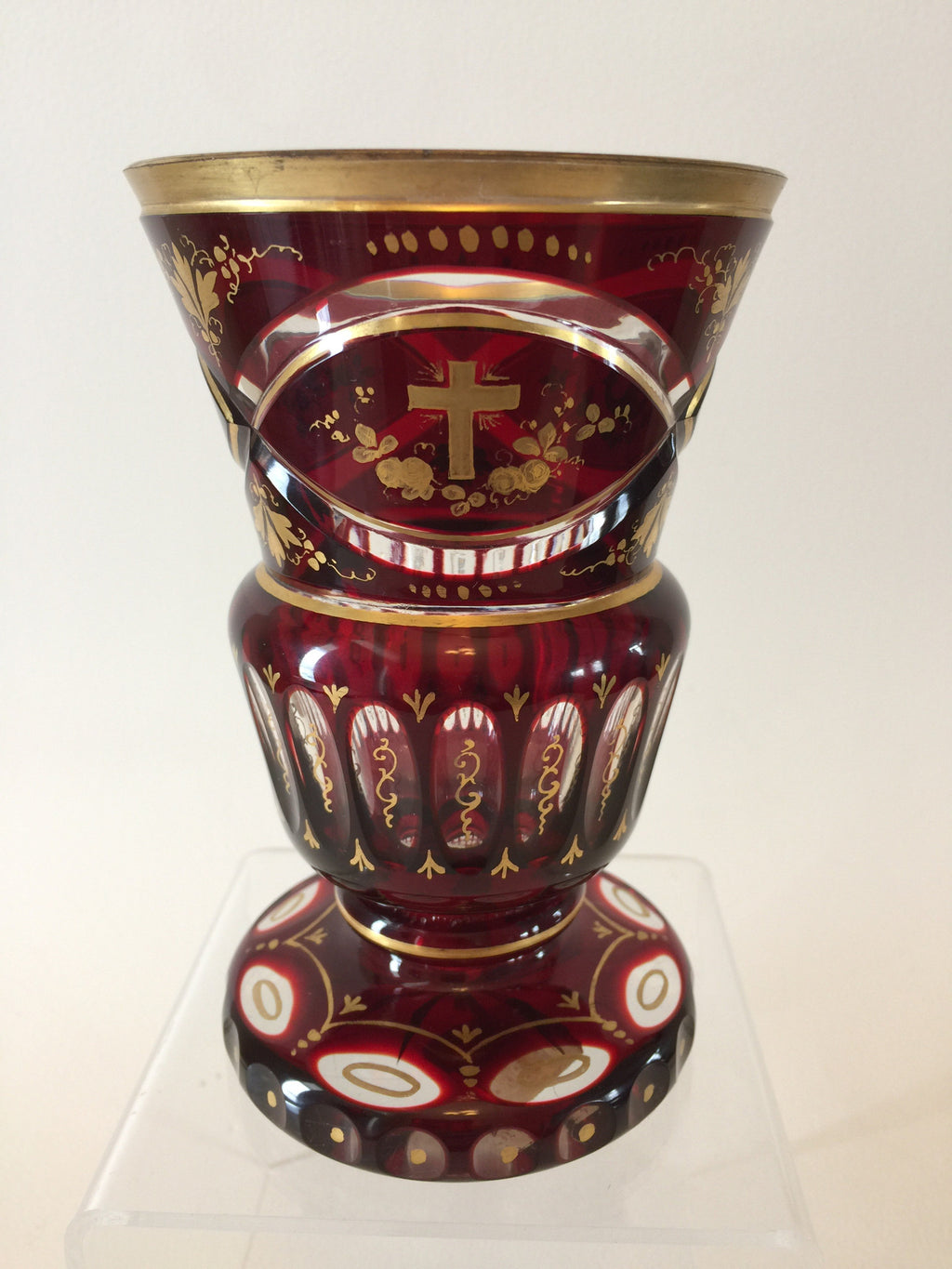 95386 Ruby Over Crystal Glass With 3 Panels of Gold Painted Decorations, Bohemian Glassware, Antique, - ReeceFurniture.com - Free Local Pick Ups: Frankenmuth, MI, Indianapolis, IN, Chicago Ridge, IL, and Detroit, MI