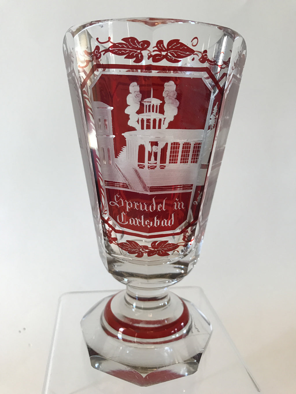 999886 Ruby Flashed Over Crystal Glass Cut & Engraved with 3 panels & 2 with Karl, Base has 8 cut flat sides, Bohemian Glassware, Unknown German Glass Company, - ReeceFurniture.com - Free Local Pick Ups: Frankenmuth, MI, Indianapolis, IN, Chicago Ridge, IL, and Detroit, MI