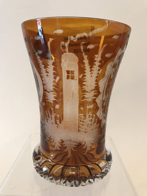 568020 Crystal Glass With Amber Flashed, Engraved Heron, Tall Building and two Decorated Designs, Bohemian Glassware, Antique, - ReeceFurniture.com - Free Local Pick Ups: Frankenmuth, MI, Indianapolis, IN, Chicago Ridge, IL, and Detroit, MI