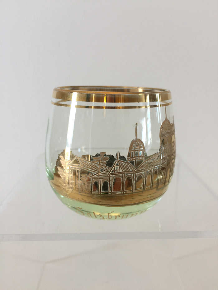 910746 2” Tall Round Light Green/Crystal Hand Blown Bowl with Engraved Buildings Salzbrunn