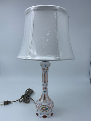 910804 Small Pink Over White Bohemian Glass Lamp With Cuts & Painted Florals - ReeceFurniture.com