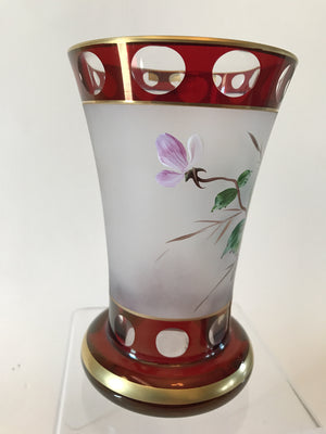 844038 Satin Band Around Center With Painted Flower & Bird, Ruby Flashed Band Around Top & Base, 10 Cut Circles Around Top, Gold Rim, Bohemian Glassware, Ernest Wittig, - ReeceFurniture.com - Free Local Pick Ups: Frankenmuth, MI, Indianapolis, IN, Chicago Ridge, IL, and Detroit, MI
