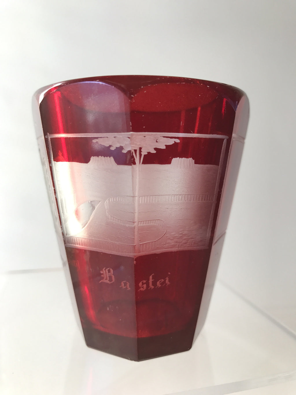 999726 Ruby Flashed Over Crystal Glass With 8 Cut Flat Panels With 3 Engraved Landmarks, Bohemian Glassware, Unknown German Glass Company, - ReeceFurniture.com - Free Local Pick Ups: Frankenmuth, MI, Indianapolis, IN, Chicago Ridge, IL, and Detroit, MI