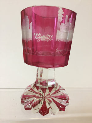 910131 Cranberry Flashed With 8 Long Flat Cut Sides, Engraved Buildings Around Top, Bohemian Glassware, Antique, - ReeceFurniture.com - Free Local Pick Ups: Frankenmuth, MI, Indianapolis, IN, Chicago Ridge, IL, and Detroit, MI