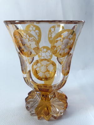 910231 Crystal Glass With Round Amber Flashed Panels Of Engraved Flowers - ReeceFurniture.com
