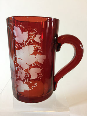 999422 Ruby Glass Flashed Mug With Handle, 8 Cut Sraight Flat Sides & Front Engraved Church, Grapes & Leaves, Bohemian Glassware, Antique, - ReeceFurniture.com - Free Local Pick Ups: Frankenmuth, MI, Indianapolis, IN, Chicago Ridge, IL, and Detroit, MI