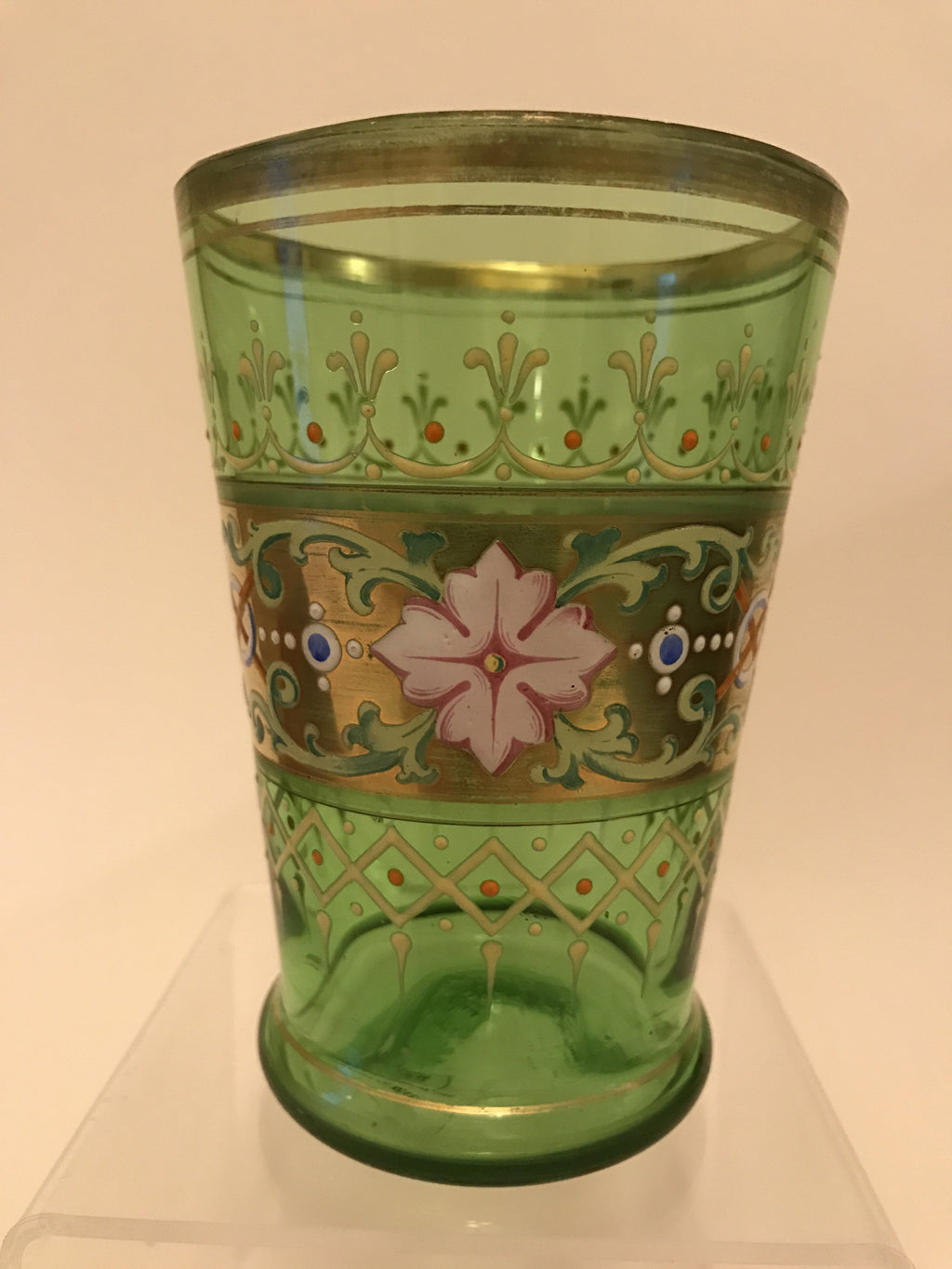 999988 Green Glass Painted with Gold, Painted Decorations on Gold Band in the Middle with Gold Rim, Bohemian Glassware, Unknown German Glass Company, - ReeceFurniture.com - Free Local Pick Ups: Frankenmuth, MI, Indianapolis, IN, Chicago Ridge, IL, and Detroit, MI