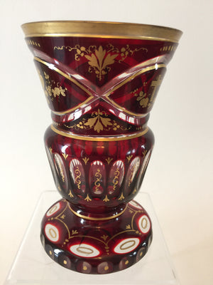 95386 Ruby Over Crystal Glass With 3 Panels of Gold Painted Decorations, Bohemian Glassware, Antique, - ReeceFurniture.com - Free Local Pick Ups: Frankenmuth, MI, Indianapolis, IN, Chicago Ridge, IL, and Detroit, MI