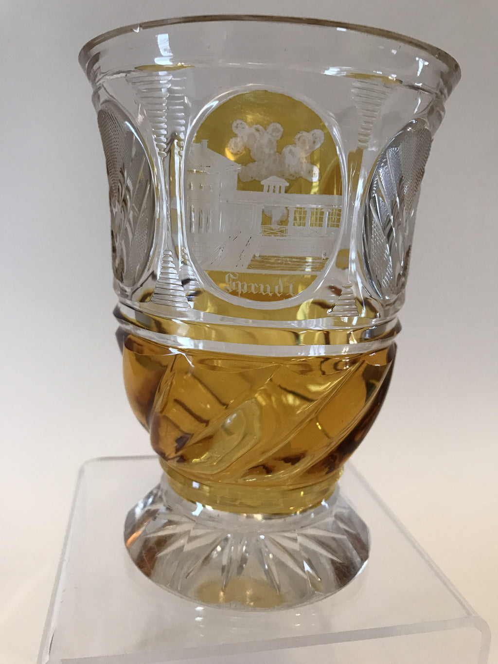 999325 Amber Flashed Glass With 3 Engraved Oval Panels & 3 Crystal Cut Panels Around Bottom Over Rounded Swirl, Cut Star Base, Bohemian Glassware, Antique, - ReeceFurniture.com - Free Local Pick Ups: Frankenmuth, MI, Indianapolis, IN, Chicago Ridge, IL, and Detroit, MI