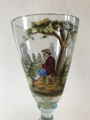 999321 Tall Goblet On Stem With Hand Painted Colored People Playing Flute & Dancing Around Goblet, Painting On Base, Repaired, Bohemian Glassware, Antique, - ReeceFurniture.com - Free Local Pick Ups: Frankenmuth, MI, Indianapolis, IN, Chicago Ridge, IL, and Detroit, MI