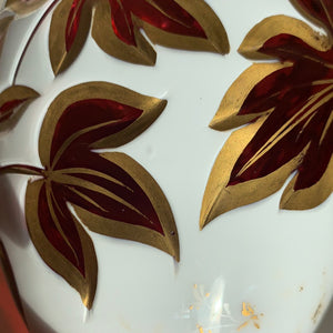 999814 Large Cranberry Vase W/ Cut Leaves Painted Panel of A Couple, Gold Decorations - ReeceFurniture.com