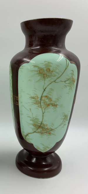 910729 Bohemian Jadeite Glass Vase With Hand Painted Couple & Trees Brown Overlay - ReeceFurniture.com