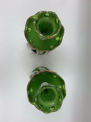 910578 Pair of Green Bohemian Overlay Lustre With Gold and Floral Decor & Stoppers - ReeceFurniture.com
