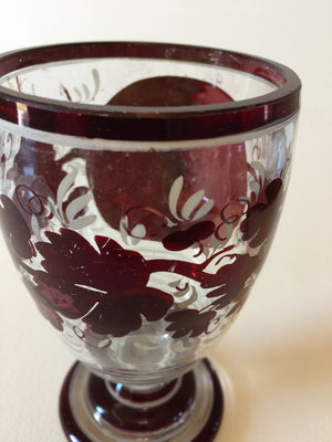 999021 Crystal With Dark Red Flashed Glass Round Plain Panel, Leaves & White Painted Lines, No Cutting or Engraving, Bohemian Glassware, Antique, - ReeceFurniture.com - Free Local Pick Ups: Frankenmuth, MI, Indianapolis, IN, Chicago Ridge, IL, and Detroit, MI