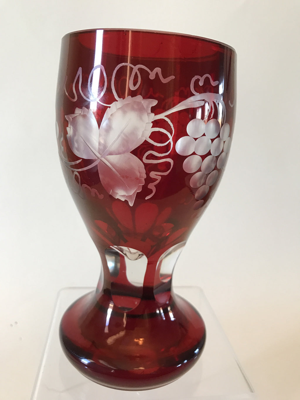 999173 Bohemian Ruby over Crystal Glass Friendship Cup-with 3 panels of engraved grapes & grape leaves, Bohemian Glassware, Antique, - ReeceFurniture.com - Free Local Pick Ups: Frankenmuth, MI, Indianapolis, IN, Chicago Ridge, IL, and Detroit, MI