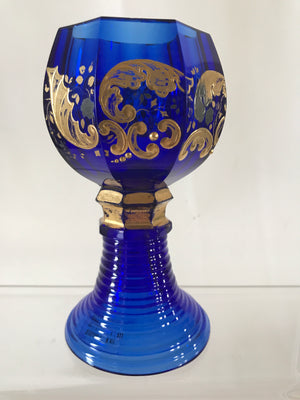 999349 Cobalt Blue Roemer Glass W/8 Cut Sides & Fancy Heavy Gold Painted Decor - ReeceFurniture.com