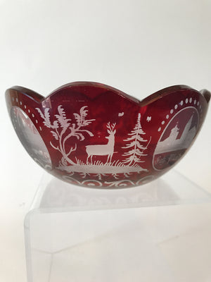 910730 Ruby Flashed Over Crystal Bowl With 8 Cut Scalops On Top, 4 Oval Panels 3 Buildings & Animals, Bohemian Glassware, Antique, - ReeceFurniture.com - Free Local Pick Ups: Frankenmuth, MI, Indianapolis, IN, Chicago Ridge, IL, and Detroit, MI