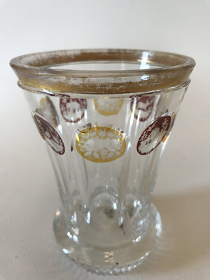 999212 Bohemian Glass with gold rim & 4 Red & 4 Yellow round engraved panels around the top, Bohemian Glassware, Antique, - ReeceFurniture.com - Free Local Pick Ups: Frankenmuth, MI, Indianapolis, IN, Chicago Ridge, IL, and Detroit, MI