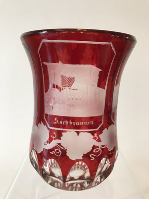 999829  Ruby Flashed Glass with Engraved Buildings Glass Friendship Cup, Bohemian Glassware, Antique, - ReeceFurniture.com - Free Local Pick Ups: Frankenmuth, MI, Indianapolis, IN, Chicago Ridge, IL, and Detroit, MI