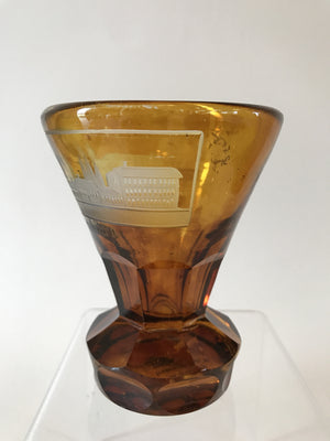 999436 Amber Flashed With Engraved Building "Bad Bu Driburg" On Front, E W On Back, Straight Sides With Wide Flair, Cutting On Bottom & Base, Bohemian Glassware, Antique, - ReeceFurniture.com - Free Local Pick Ups: Frankenmuth, MI, Indianapolis, IN, Chicago Ridge, IL, and Detroit, MI