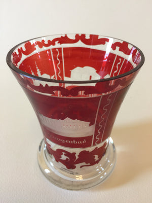 999291 Ruby Flashed Bohemian Glass Friendship Cup with 3 Engraved buildings, Bohemian Glassware, Antique, - ReeceFurniture.com - Free Local Pick Ups: Frankenmuth, MI, Indianapolis, IN, Chicago Ridge, IL, and Detroit, MI