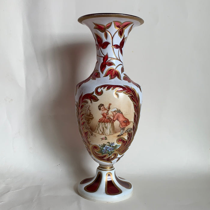 999814 Large Cranberry Vase W/ Cut Leaves Painted Panel of A Couple, Gold Decorations