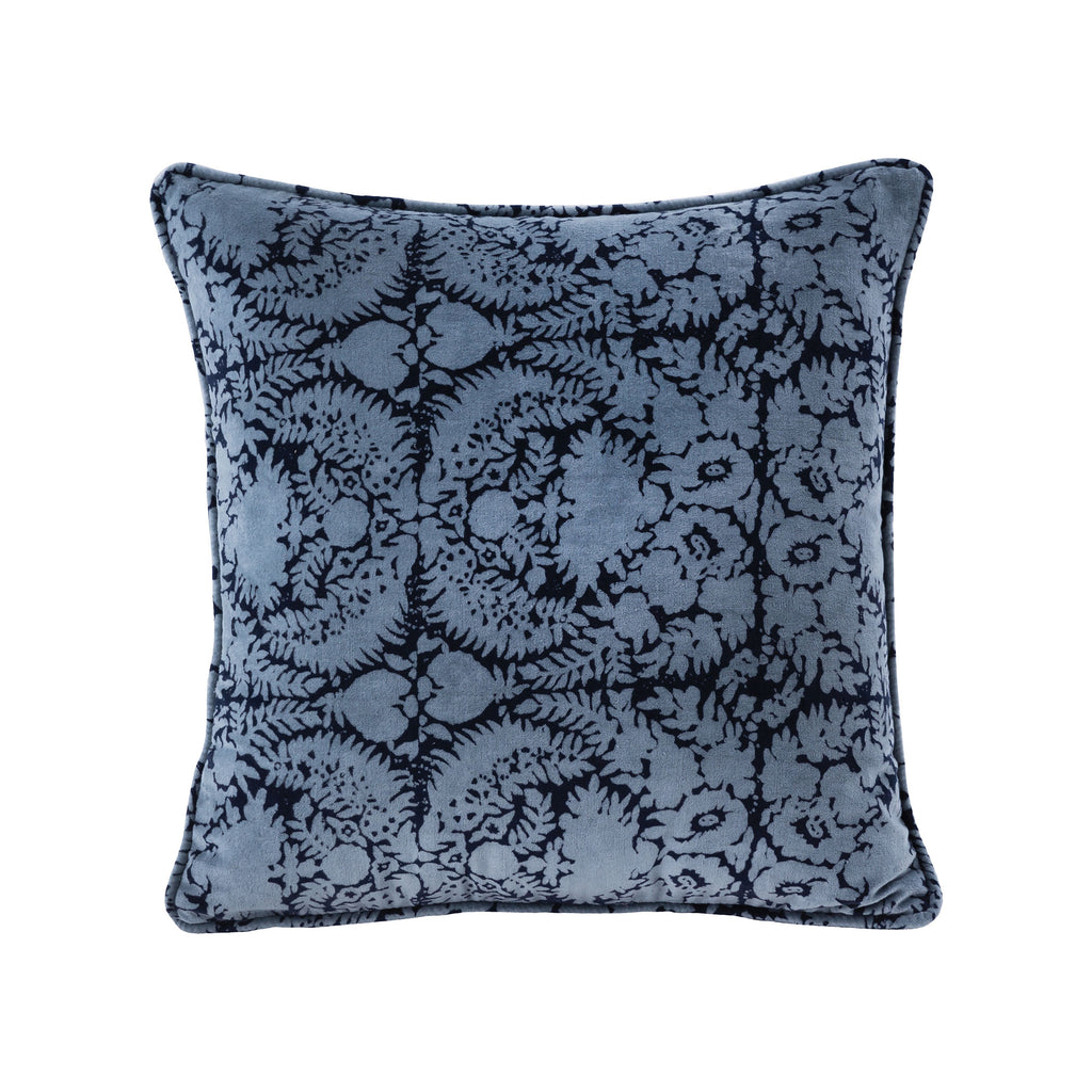 PLW038 - Blue Patterned 20x20 Hand-Printed Reversible Pillow in 100% Cotton Velvet - COVER ONLY - ReeceFurniture.com
