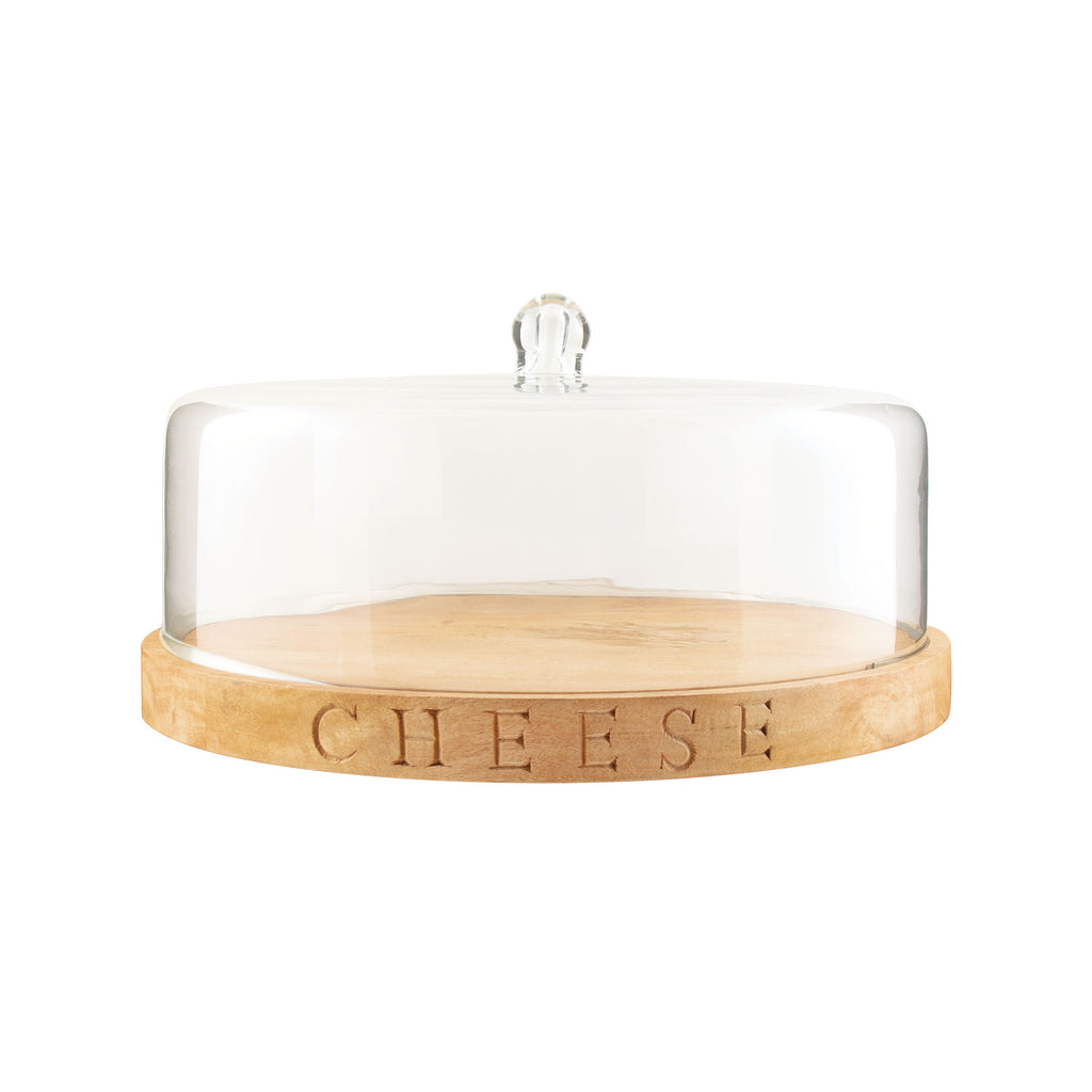 TRAY045 - Cheese Carved Wood Tray with Cloche in Natural Mango - ReeceFurniture.com