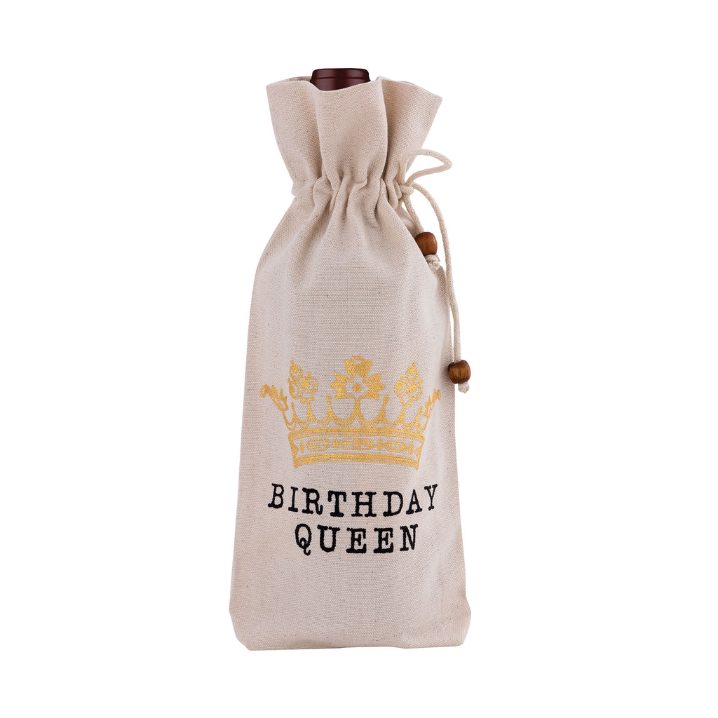 WBAG013 - Birthday Queen 6x13 Wine Bag in Unbleached Natural Cotton Duck with Gold and Black Print - ReeceFurniture.com